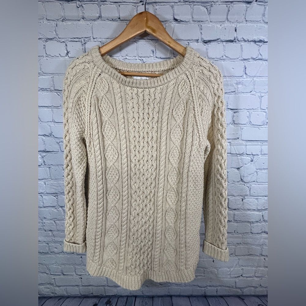 L.L. Bean Classic Signature Cotton Off White Nautical Cable Fisherman Sweater S